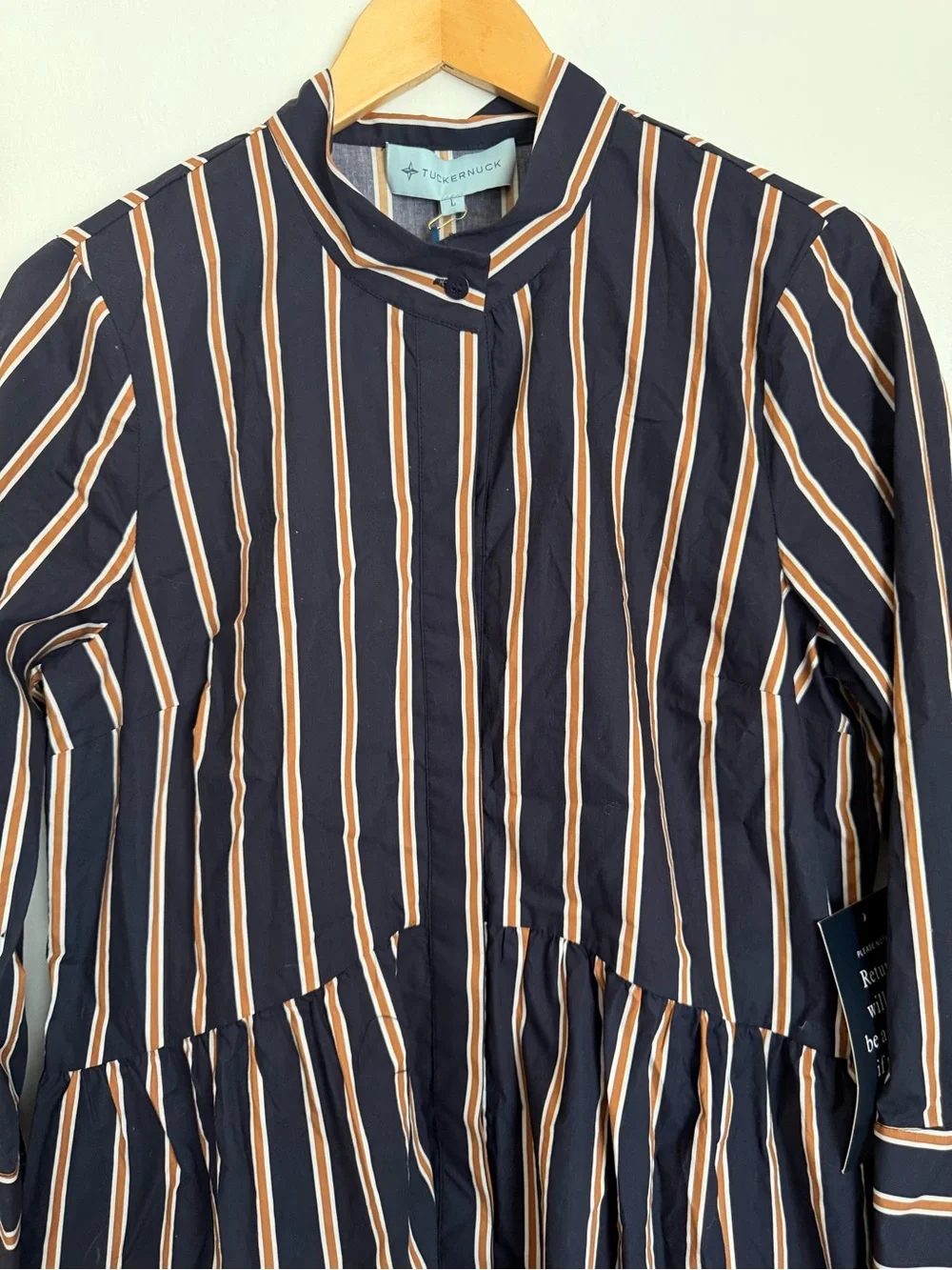 Tuckernuck Shirt Dress Long Sleeve Navy Brown Midi Drop Waist Women Size Large